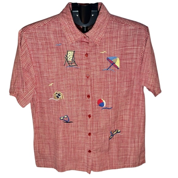 Vintage Bobbie Brooks Short Sleeve Woman's Button up Beach Them Red Plaid LARGE - Picture 1 of 6